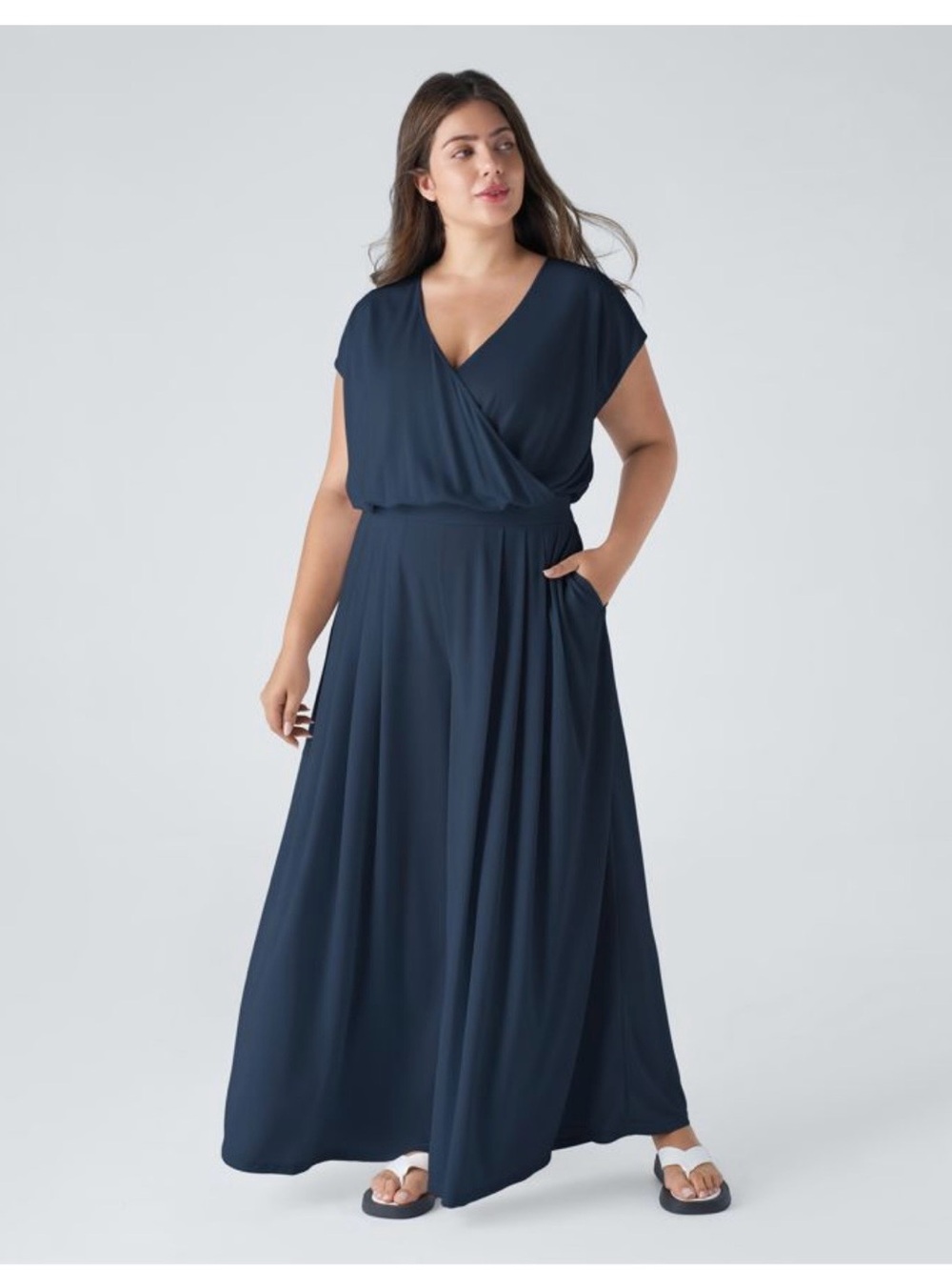 HALARA Navy wide leg pleated jumpsuit